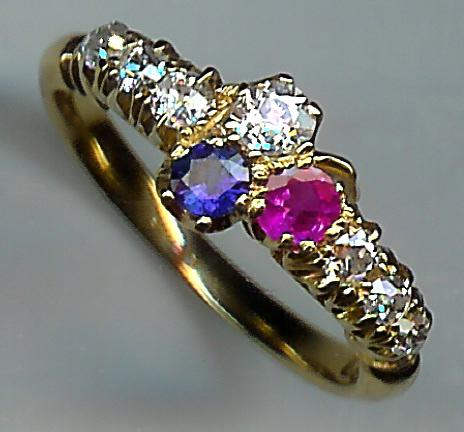 Wonderful 1920's 9-Stone Ruby Sapphire and Diamond Ring