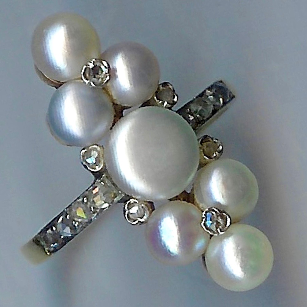 Adorable French Art Nouveau Pearl & Diamond Vintage Cluster Ring